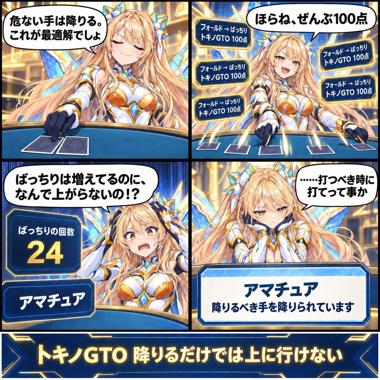 ４コマ漫画：危ない手は降りる→フォールドで「ばっちり　トキノGTO 100点」が並ぶ→「ばっちりの回数 24」は増えているのに帯は「アマチュア」のまま→用語集「アマチュア　降りるべき手を降りられています」を見て、打つべき時に打てという事かと気づく