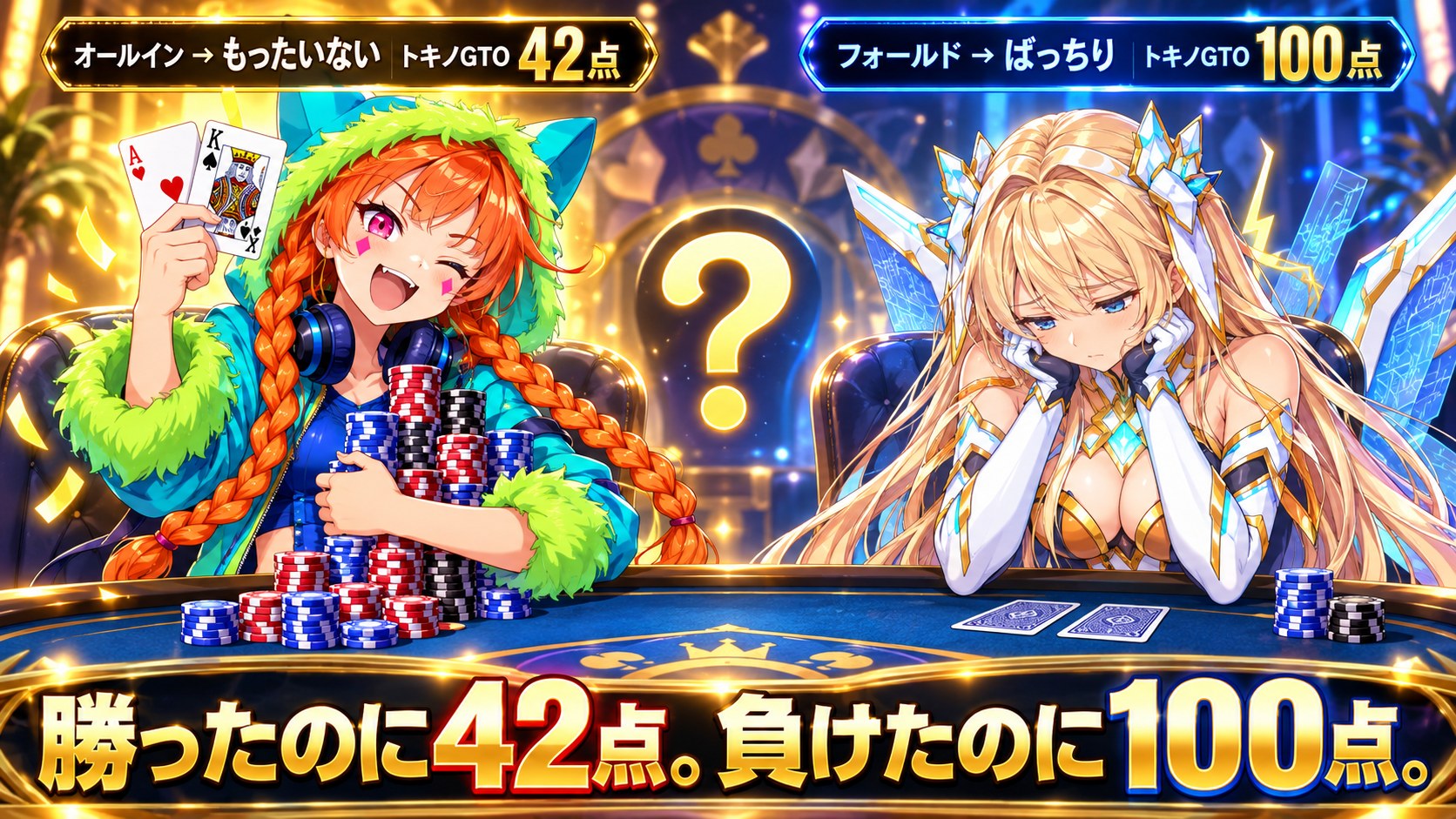１コマ漫画：オールインで勝ったロキは「もったいない　トキノGTO 42点」、フォールドで負けたエレクトラは「ばっちり　トキノGTO 100点」。勝ったのに42点。負けたのに100点。