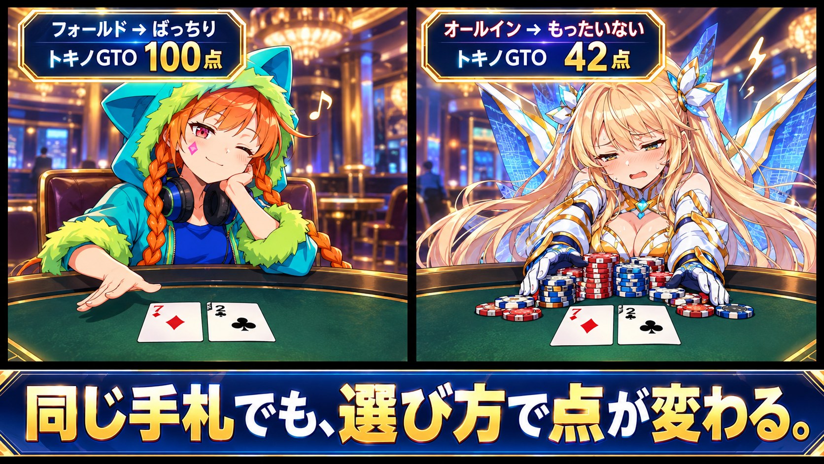 ２コマ漫画：同じ手札（ダイヤの7とクラブの2）で、降りたロキは「ばっちり　トキノGTO 100点」、全部賭けたエレクトラは「もったいない　トキノGTO 42点」。同じ手札でも、選び方で点が変わる。