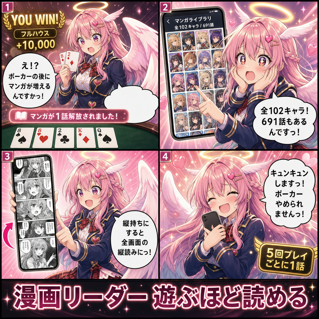 ミカエルで学ぶ漫画リーダー：ポーカー後に1話解放、全102キャラ691話、縦持ちで全画面の縦読みに